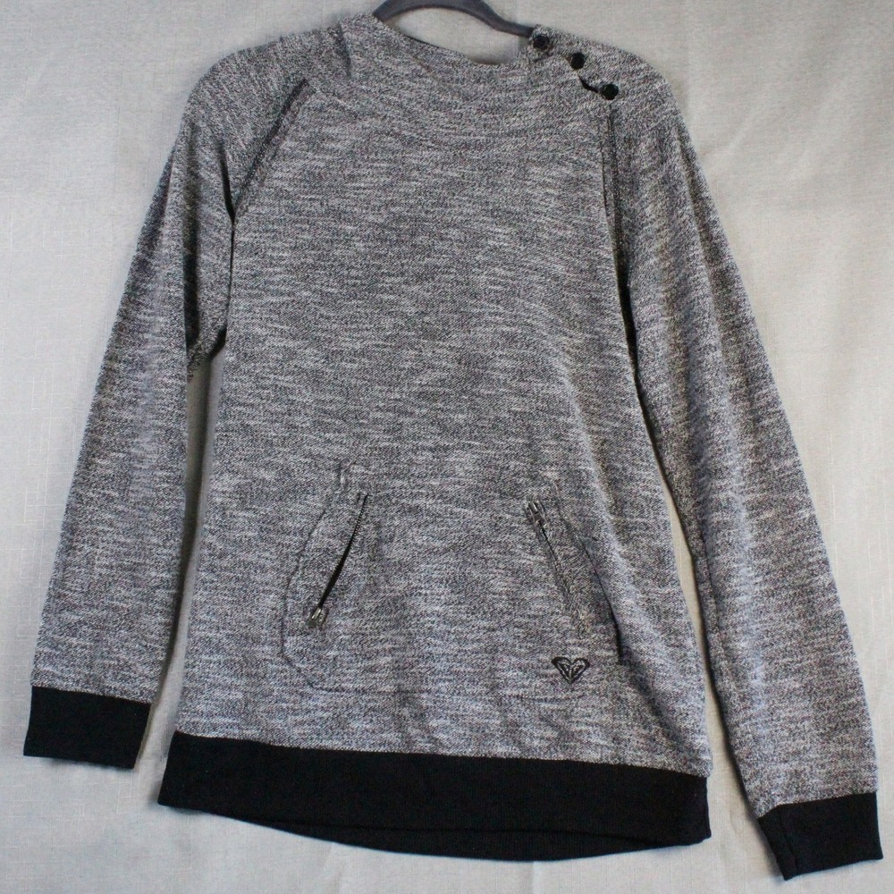 Roxy Gray Marled Knit Hoodie XL Button Neck Gorpcore Coastal Streetwear Pullover